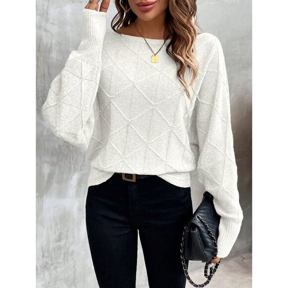 WILA Sweaters - Ribbed knit crosshatch crewneck sweater batwing white